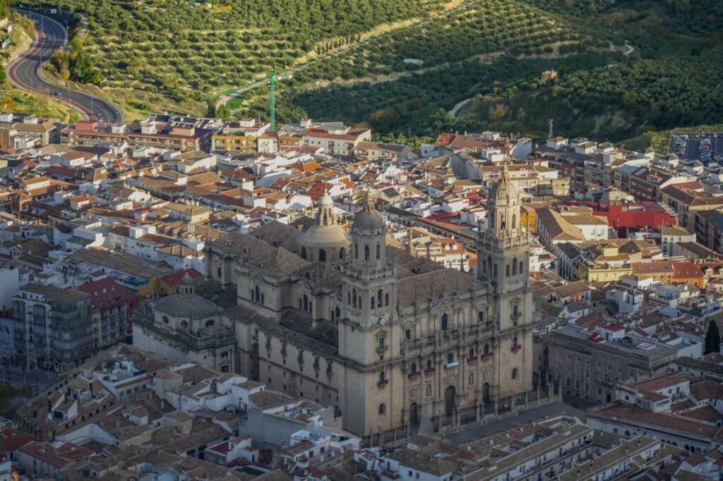 Aerial photo of Jaén's Cathedral in Andalucía, showcasing its stunning architecture and surrounding cityscape.
